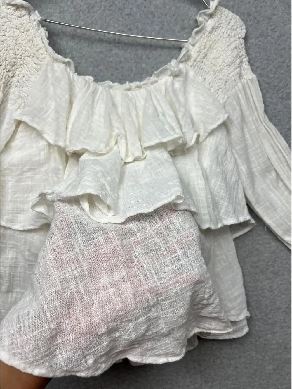 Zara Off The Shoulder Flowy Blouse Boho Long Sleeve Womens L Layer Ruffle Cotton
